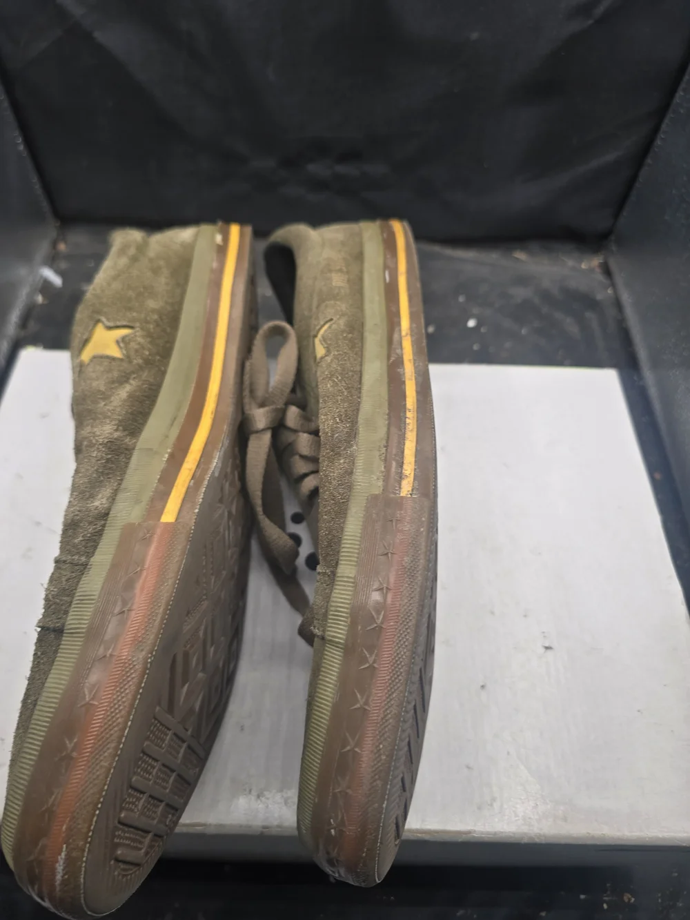Converse Olive Green Suede Sneakers with Yellow Star Accents - Picture 2 of 7